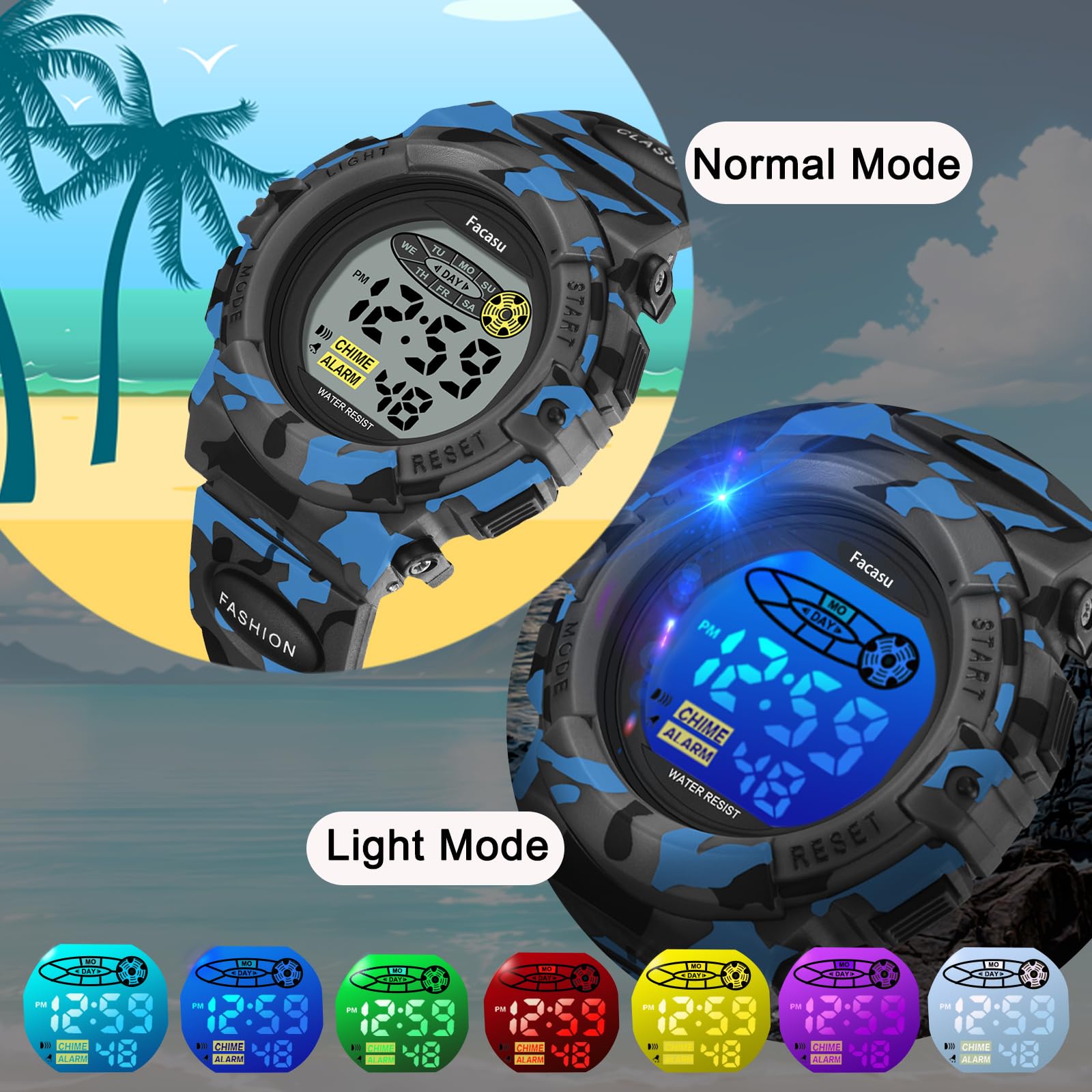 Facasu Camo Sports Watch for Boys-Waterproof Kids Digital Watch with Light, Alarm&Snooze,Stopwatch Military Design Silicone Band Gift for Birthdays,Christmas Outdoor Activities(8+ Years)