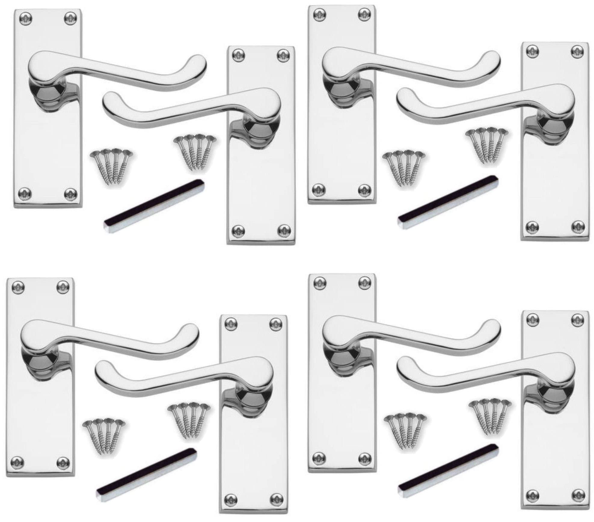 Door Handles Internal Sets - Victorian Scroll Lever Latch Internal Door Handles, Polished Chrome, Victorian Handle Sets 118mm x 42mm Back Plate - 4 Pairs