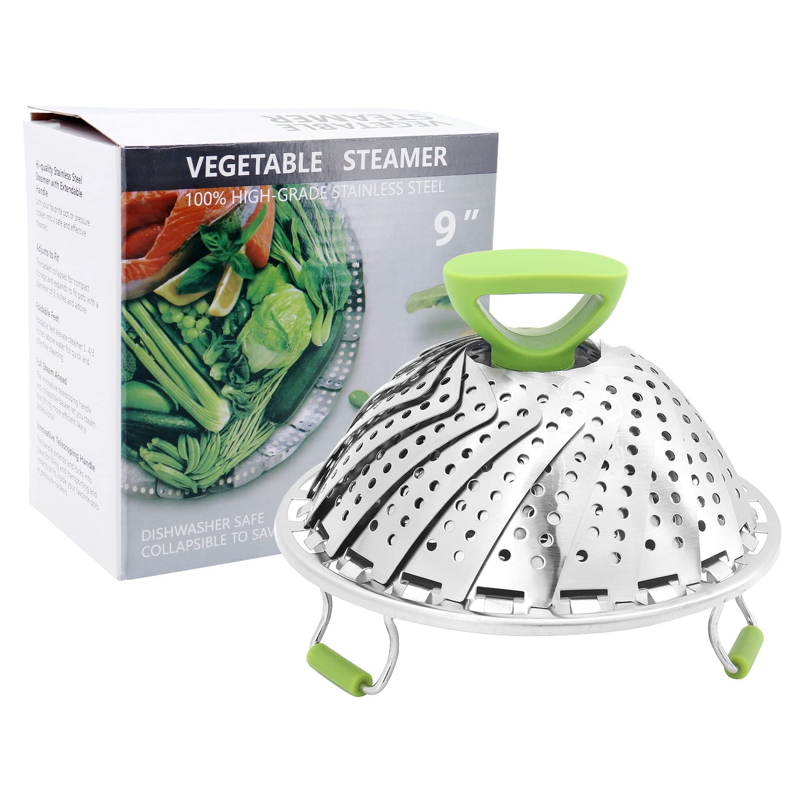 ShawFly vegetable steamer stainless steel Foldable steamer basket, water filter bowl, with anti-hot extendable handle and non-slip legs