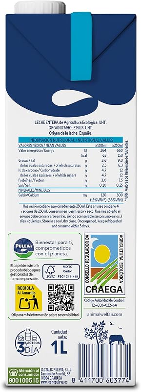 ECO - Leche Ecológica Entera BIO - Bienestar Animal - Brik UHT Pack 6 x 1L