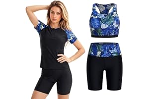 Owntop Women’s Rash Guard Swimsuit 3 Piece Set, Short Sleeve Swim Shirt with Built-in Bra, Swim Top & Shorts, Sun Protection