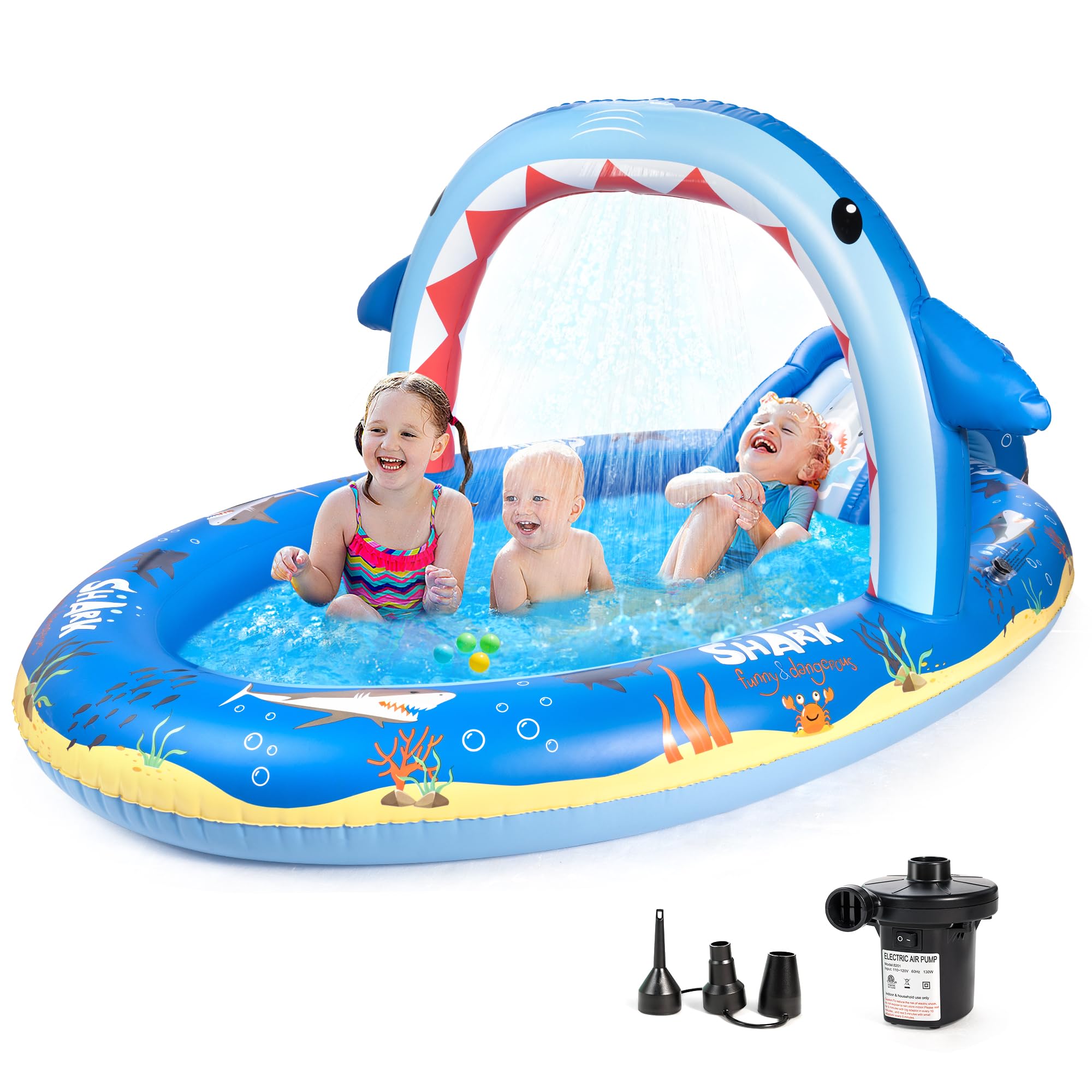 Photo 1 of SULIFEEL Shark Inflatable Play Center Kiddie Pool with Slide and Sprinkler for Children, 8ft x 5ft x 9.5in Baby Pool for Backyard and Garden, Free Inflatable Pump
