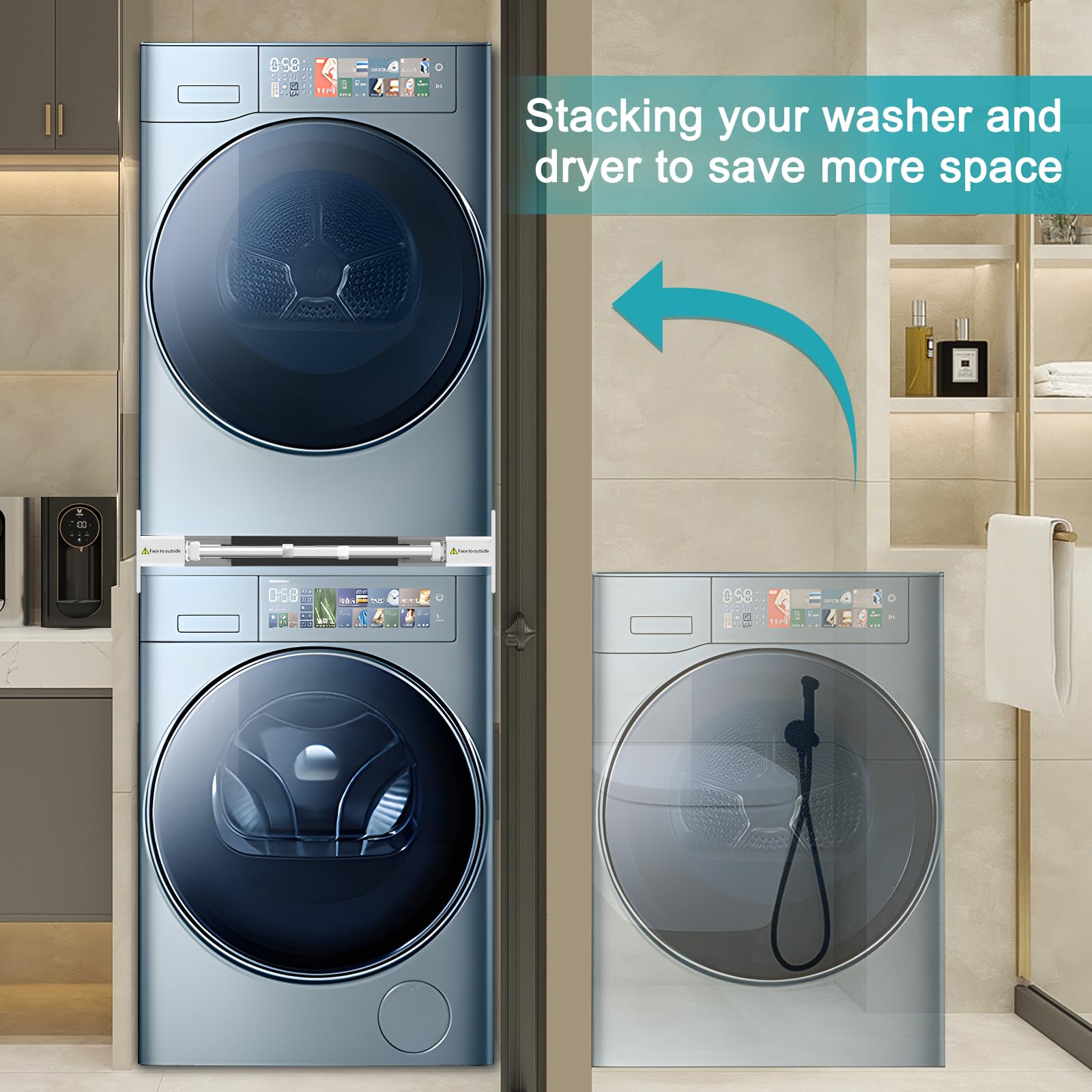 NIUXX Zwischenbaurahmen mit Wäscheleine, verbindung waschmaschine trockner, Verbindungsrahmen Zwischenbausatz mit ausziehbarer Handtuchhalter, Einstellbare Größe（53-68cm）weiß 5