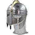AnNafi® Handcrafted Viking Wolf Armor Helmet Silver Gold | Medieval Metal Knight Helmets | with Brass Accents & Chainmail | Wearable for Adult | Medieval Costumes