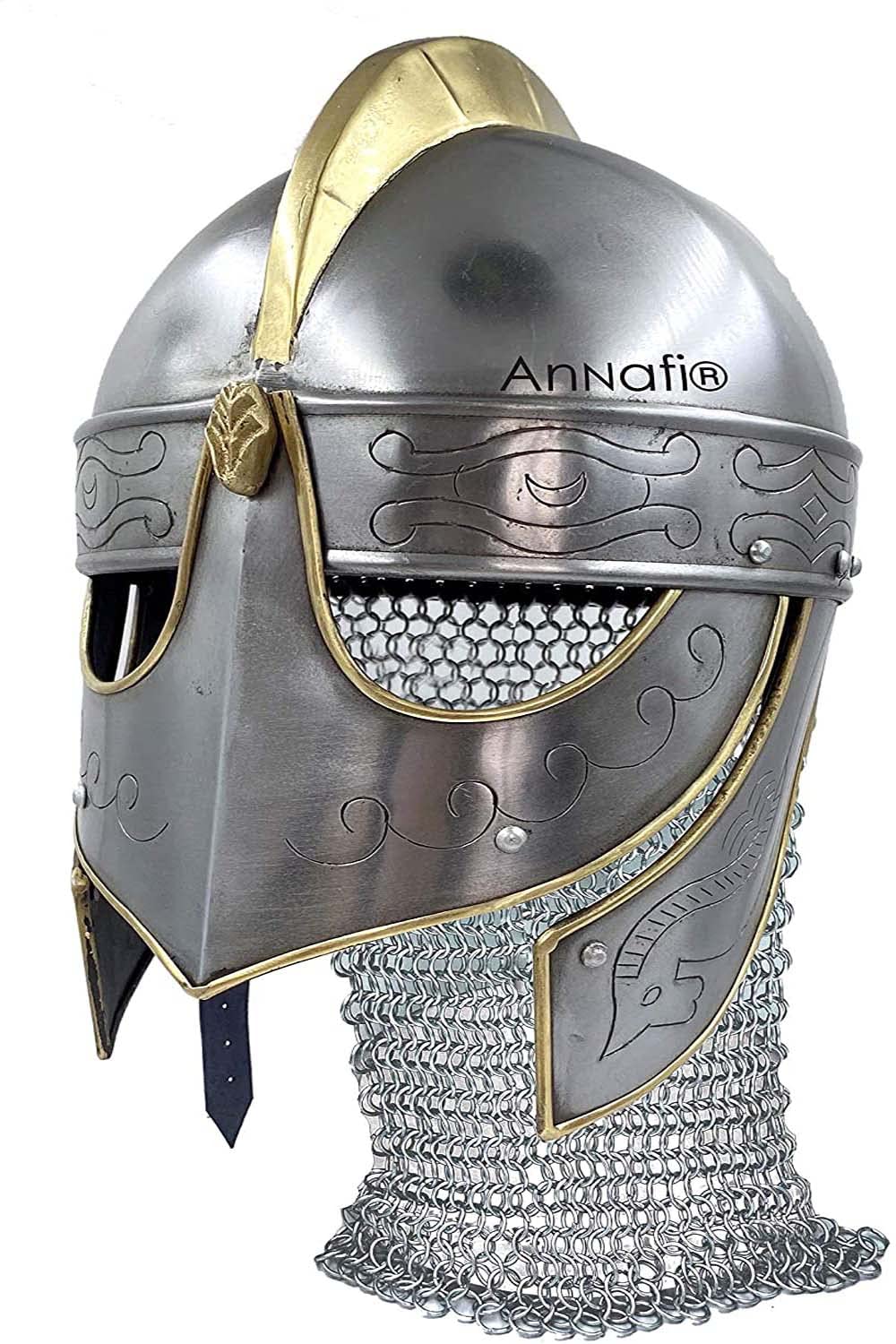 AnNafi Handcrafted Viking Wolf Armor Helmet Silver Gold | Medieval Metal Knight Helmets | with Brass Accents & Chainmail | Wearable for Adult | Medieval Costumes