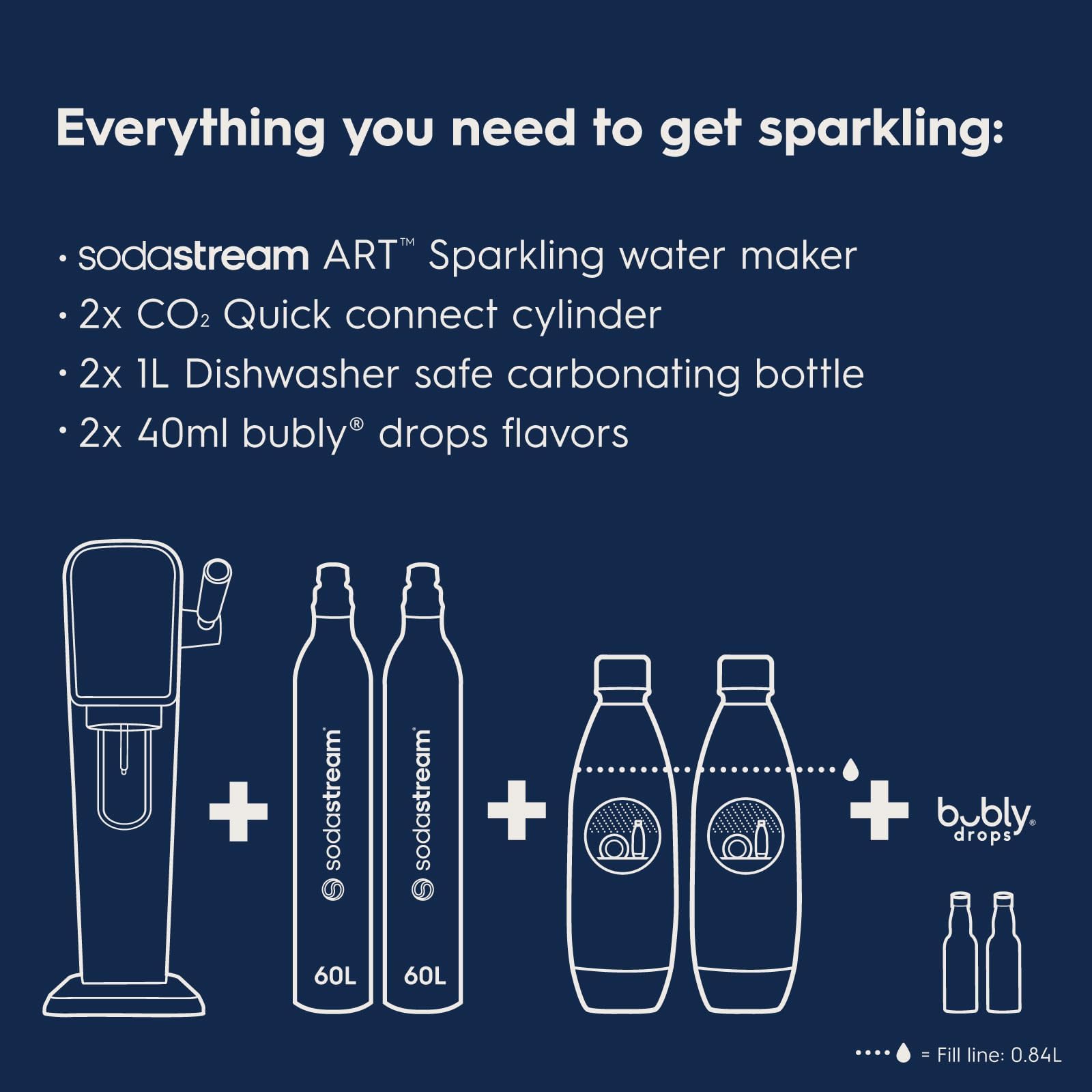 SodaStream - ART Sparkling Water Maker | VALUE BUNDLE | CQC CO2 system | Includes 2x CO2 Cylinders, 2x 32 Fl Oz Dishwasher Safe Bottles, 2x Bubly Flavor Drops | Combine with Pepsi Flavors | Black
