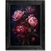 Dark Gothic Peony Framed Wall Art, Vintage Moody Floral Canvas Print with Ornate Black Carved Frame, Dark Academia Aesthetic Wall Decor for Bedroom Living Room Halloween