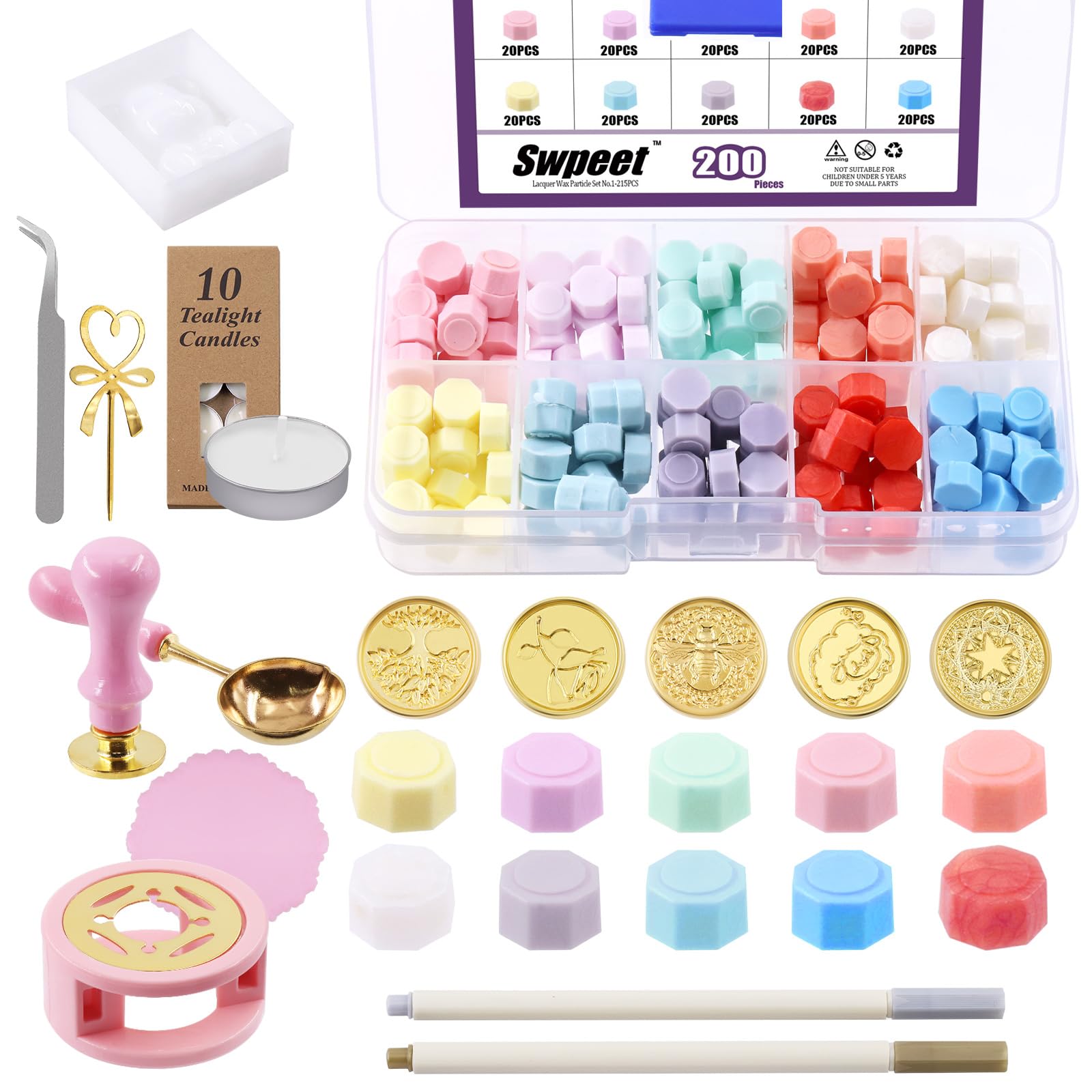 Swpeet 215Pcs Wax Seal Kit With Beads, Stamp, Warmer, Vintage Envelopes and Tealight Candles for Letter Sealing and Invitation Cards