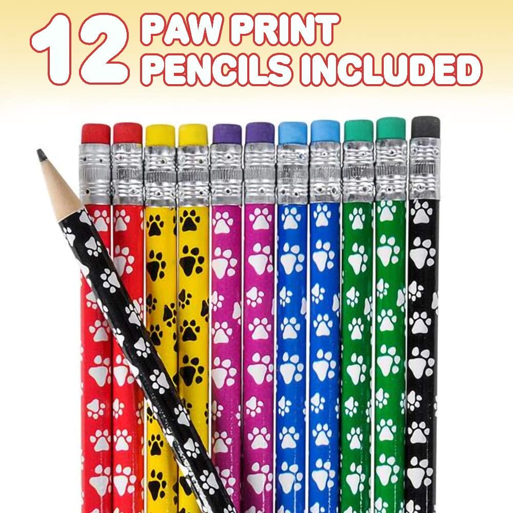 ArtCreativity Paw Print Pencils for Kids - Set of 12 - Wooden Writing Pencils in Assorted Colors with Erasers, Animal Theme and Dog Birthday Party Favors, Teacher Supplies for Classroom: Office Products
