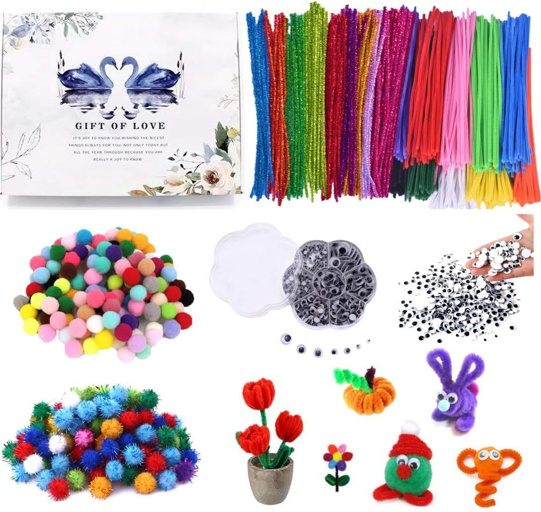 DOKOO -1450 Pcs Multi colorful Fiber Pipe Cleaner Chenille Stems Set -Arts and Crafts Supplies for Kids -Craft Art Supply Kit for Toddlers Age 3 4 5 6 7 8 9 -All in One D.I.Y. Crafts Arts Set for Kids