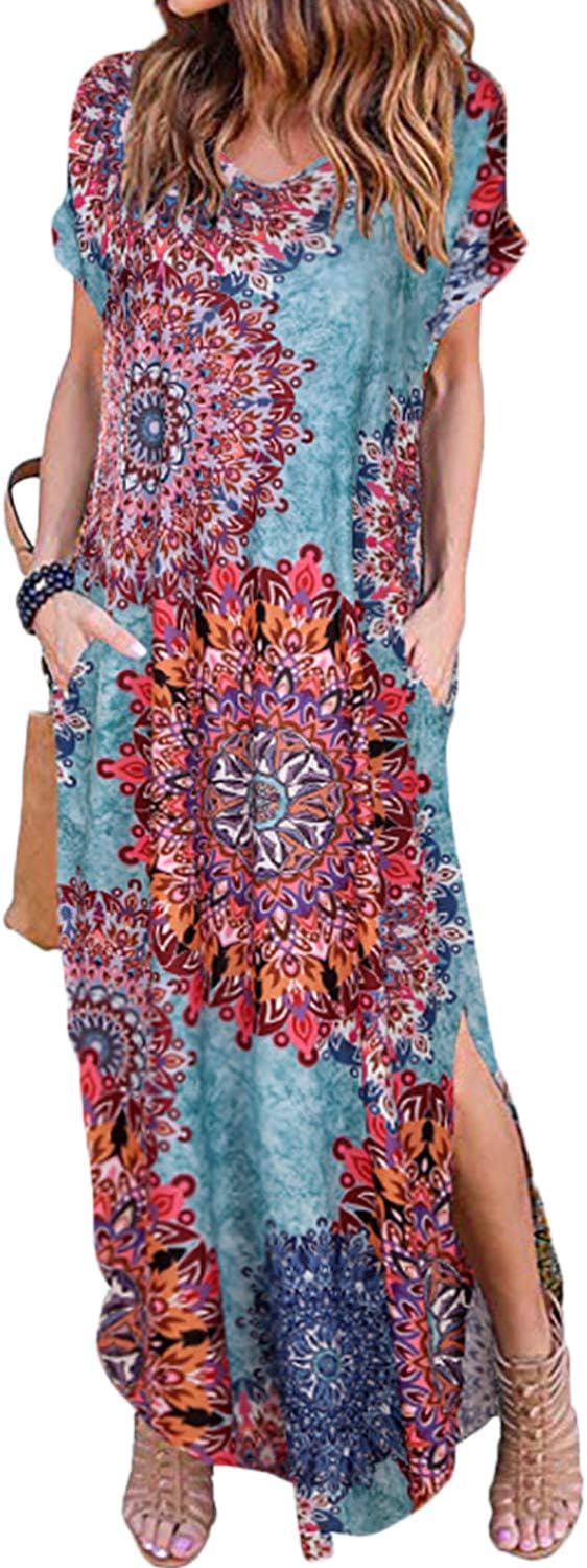 Women Maxi Dress Boho Floral Side Split Summer Long Dress Casual Loose Pockets Sundress Long/Short Sleeve Beach T-Shirt Dress