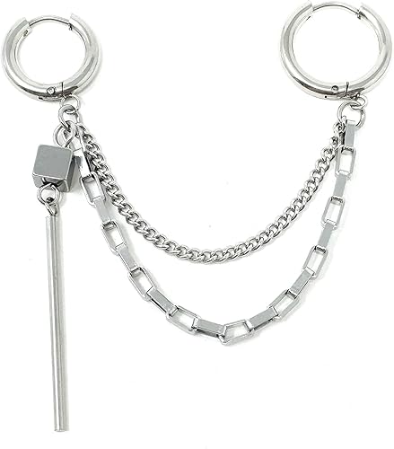 Amazon Puente チェーンピアス ステンレスピアス メンズピアス ピアス フープピアス リングピアス ロングピアス シルバーピアス チェーン 鎖 2連チェーン シルバー 銀色 銀 スティック バー リング ステンレス アレルギー対応 メンズ レディース ピアス 通販