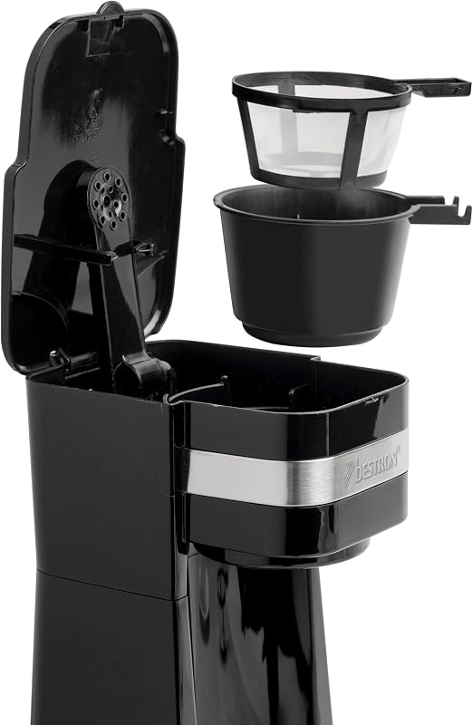 Máquina de café bestron, cafeteira com copo isolado, para café com filtro moído, 2 xícaras grandes, 750 watts, aço inoxidável, 0,42 litros, cor: preto