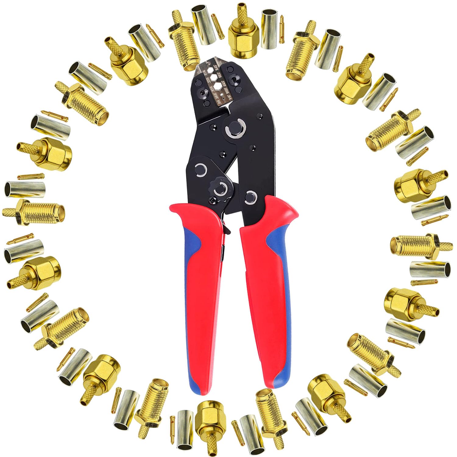 SMA Crimping Tool and SMA Connector Rg174 Kit, SMA Crimp Tool + 10pcs SMA Male Crimp Connectors + 10pcs SMA Female Crimp Connectors for Rg174 Rg316 WiFi Antenna Extension Cable