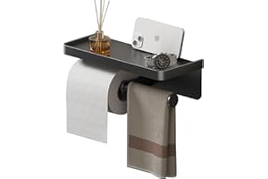 IMONSE Double Toilet Paper Holder with Shelf, Commercial Toilet Paper Towel Holder Wall Mount, Tissue Roll Holder for Bathroom Kitchen RV, Double Tissue Roll Rack with Adhesive & Screw (Matte Black)