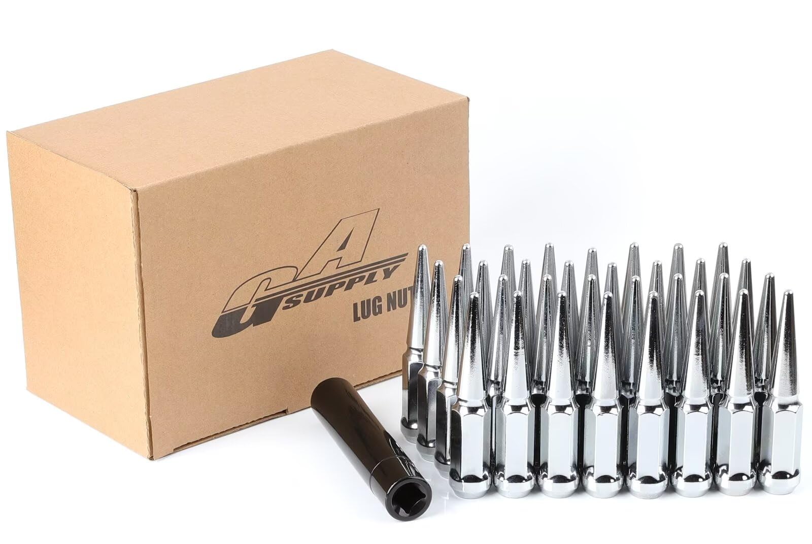 GAsupply 14x1.5 Spike Lug Nuts 32pcs, M14x1.5 Closed End Bulge Acorn Black Spiked Lug Nuts Cone/Conical Seat 4.4" Tall 3/4" 19mm Hex for Aftermarket Wheel, 1 Long Socket Key Image GAsupply 14x1.5 Spike Lug Nuts 32pcs, M14x1.5 Closed End Bulge Acorn Black Spiked Lug Nuts Cone/Conical Seat 4.4" Tall 3/4" 19mm Hex for Aftermarket Wheel, 1 Long Socket Key Image