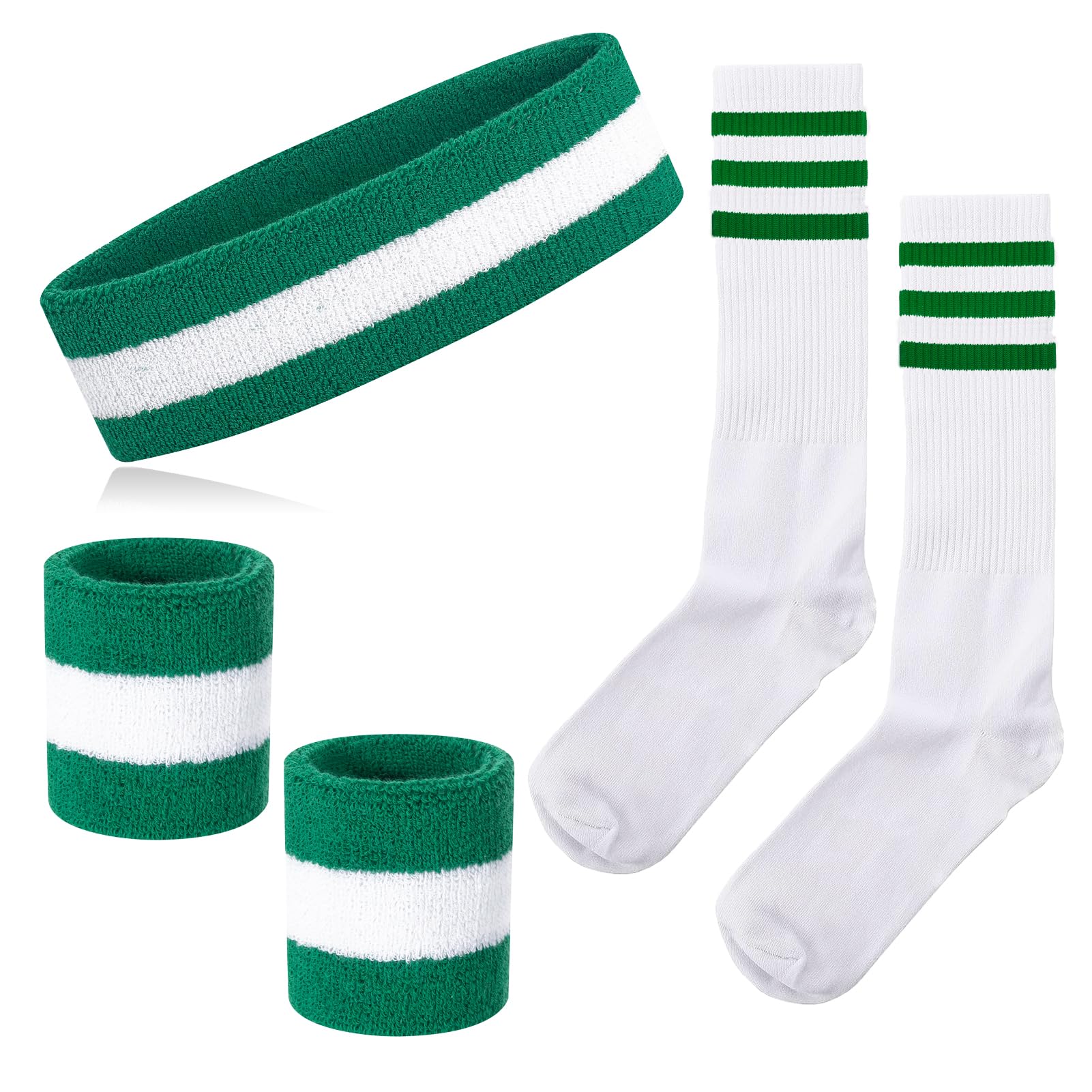 NANXJIUR 5 Pieces Sweatband Striped Sock Set Sports Headband Wristbands High Tube Socks 80s Accessories for Men Women 90s Costumes Theme Party Striped Sock Set (Green/White/Green)