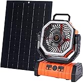 GBEOSMO 20000mAh Solar Camping Fan with 10W Solar Panel, Rechargeable Solar Powered Bank for Outside, LED Lantern, Quiet Battery Operated Tent Fan for Picnic, Barbecue, Fishing, Travel (Orange)