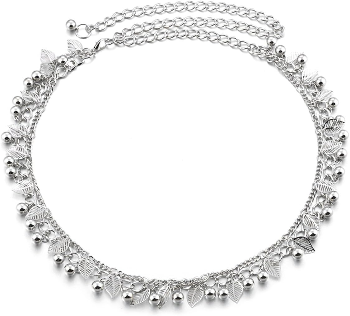 Torostra Womens Waistband Chain Belt New Fashion Plated Waist Chain Belt for Dress (Silver Double Chain Leaf)