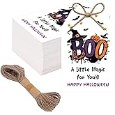 SerpizePaty 50Pcs Witch Halloween Gifts Tags with String, 3.3x2.1 Inch Wicked Halloween Tags for Goodie Bags, Halloween Pumpkin Spider Star Name Tags for Party Candy Bag Cup Gift Favor DIY Craft