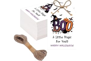 SerpizePaty 50Pcs Witch Halloween Gifts Tags with String, 3.3x2.1 Inch Wicked Halloween Tags for Goodie Bags, Halloween Pumpkin Spider Star Name Tags for Party Candy Bag Cup Gift Favor DIY Craft