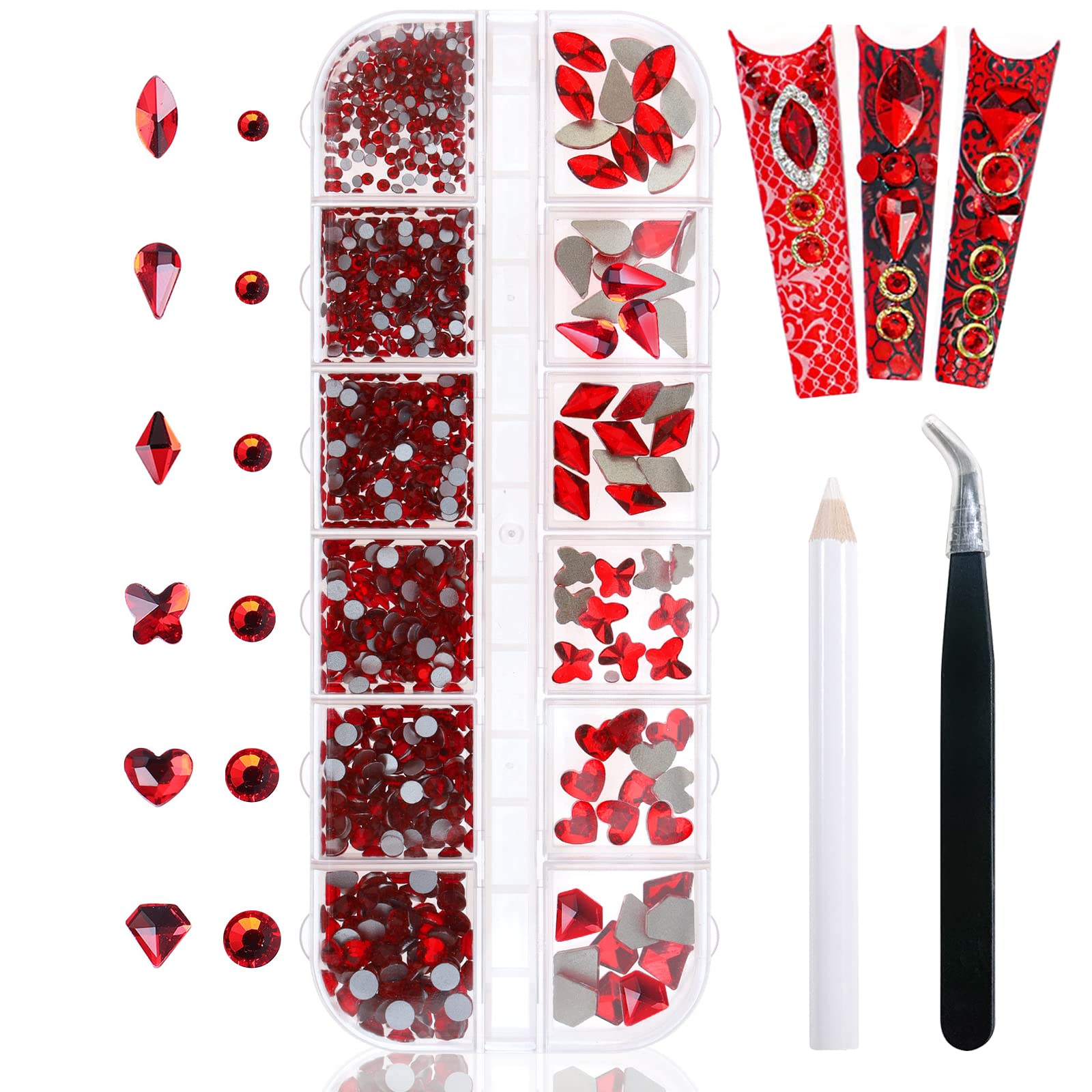 Yatinkim 810pcs Red Nail Art Rhinestones Set Crafts Eye Face Gems Nail Jewels Manicure Charms Design Makeup Supplies Accessories Shiny Wax Pencil