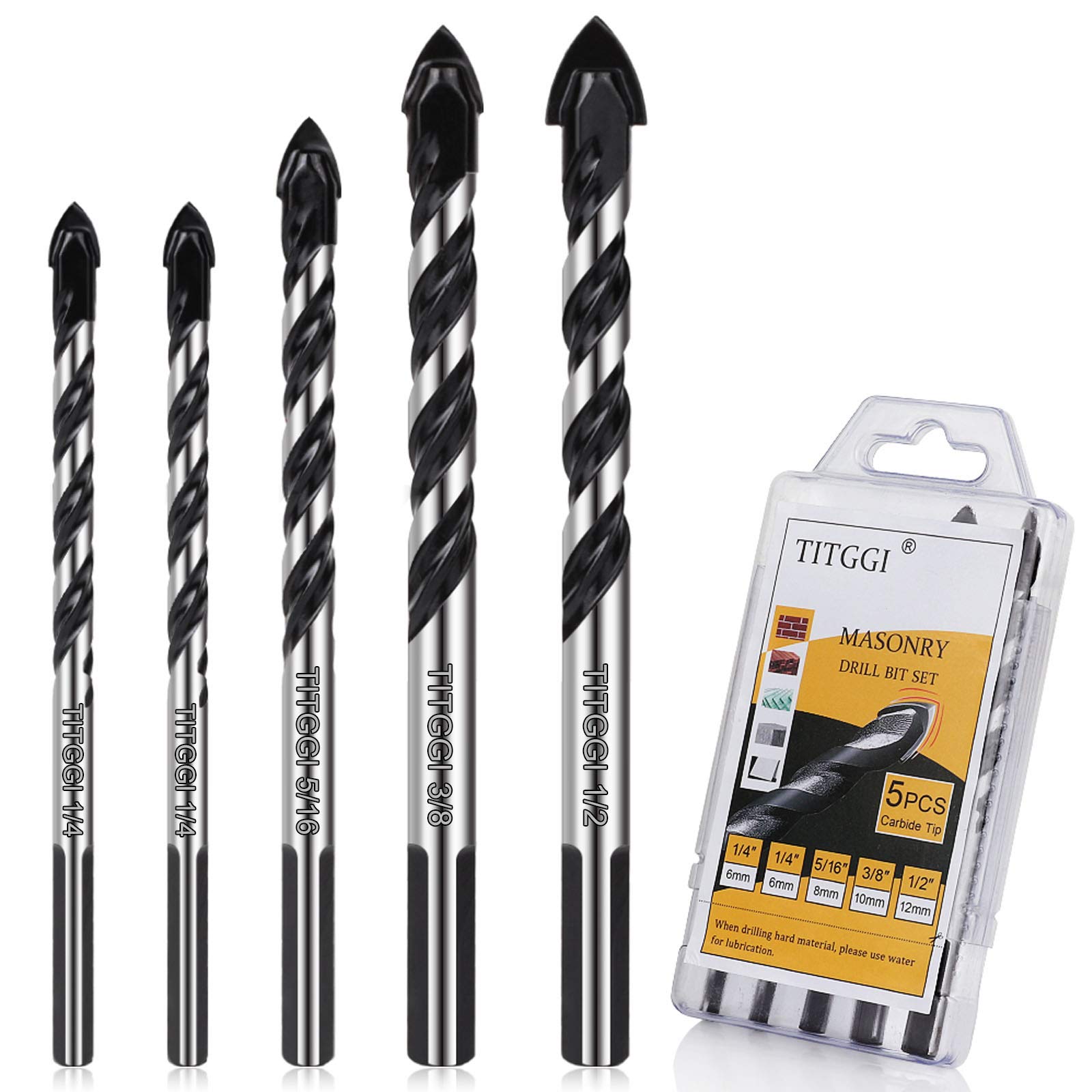 Professional Drill Bit Set (5PCS) for Brick/Plastic/Cement/Wood/Glass/Etc, Industrial Strength Tile/Concrete Drill Bits, 1/4"-1/2" — image 1