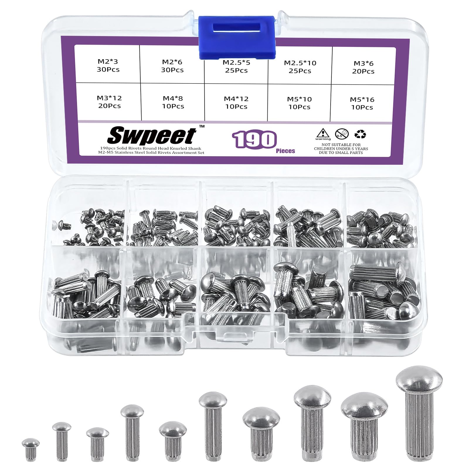 Swpeet 190Pcs M2 M2.5 M3 M4 M5 Solid 304 Stainless