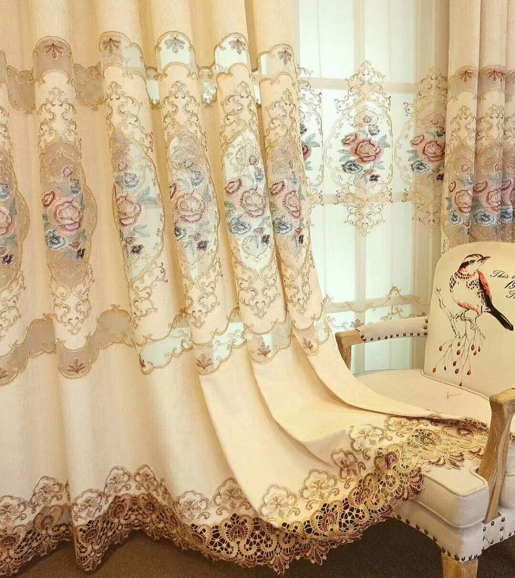 TIYANA Beige Luxury Embroidered Curtain Panel for Windows 96 inch Long Chenille