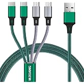 MJXIANG 2-Pack Multi Charger Cable 4 in 1, 4FT Braided Fast Charging 3A | with 2 Type C&amp;2 Micro USB Ports, for iPhone 17 16 15 Series, Android Cell Phones Tablets, Four Devices/Travel/Game/Car/Home