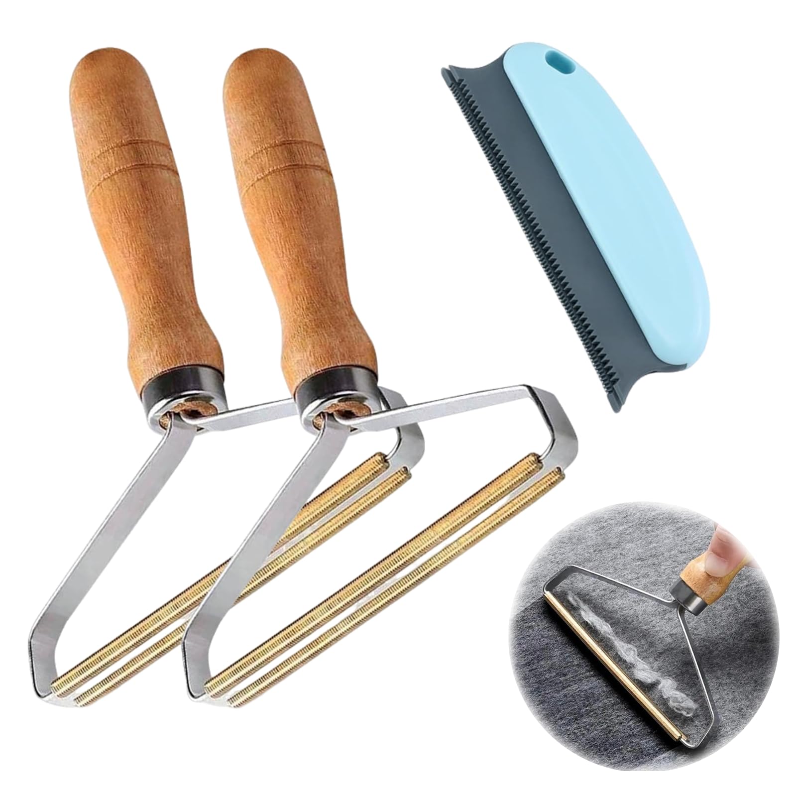 TYVOM 3 PCS Lint Remover Carpet, Pet Hair Remover Carpet Tool Wooden Handle Reusable Lint Roller Scraper for Car Sofa Pet Bed Furniture Clothing