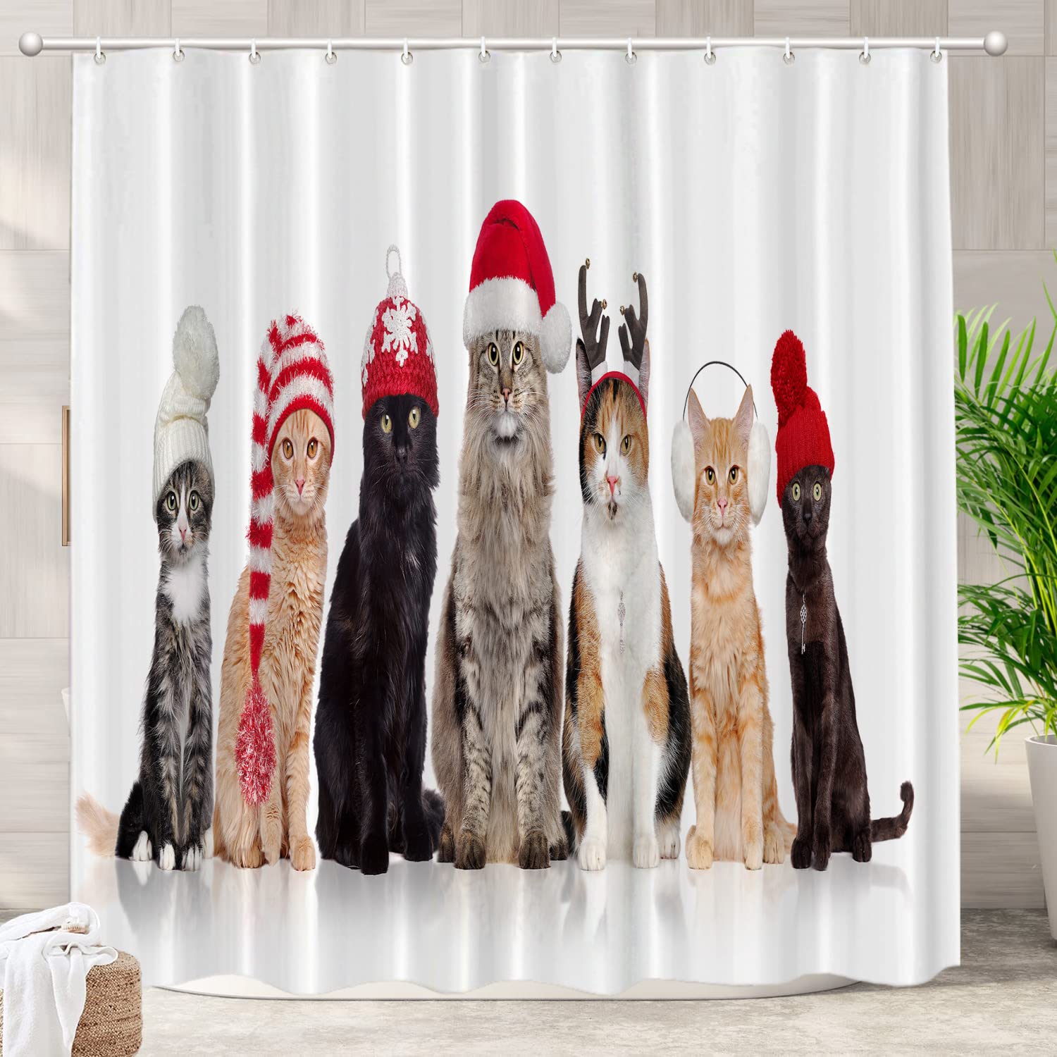 Batmerry White Christmas Cat Decorative Shower Curtain, Three Black Cats and White Cat Shower Curtain Cute Long wide Shower Curtain for Bathroom Farmhouse Bathtub Waterproof Washable
