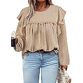 AlvaQ Women Plus Size Tops Crewneck Ruffle Long Sleeve Shirts Casual Lace Swiss Dot Chiffon Blouses L-4X