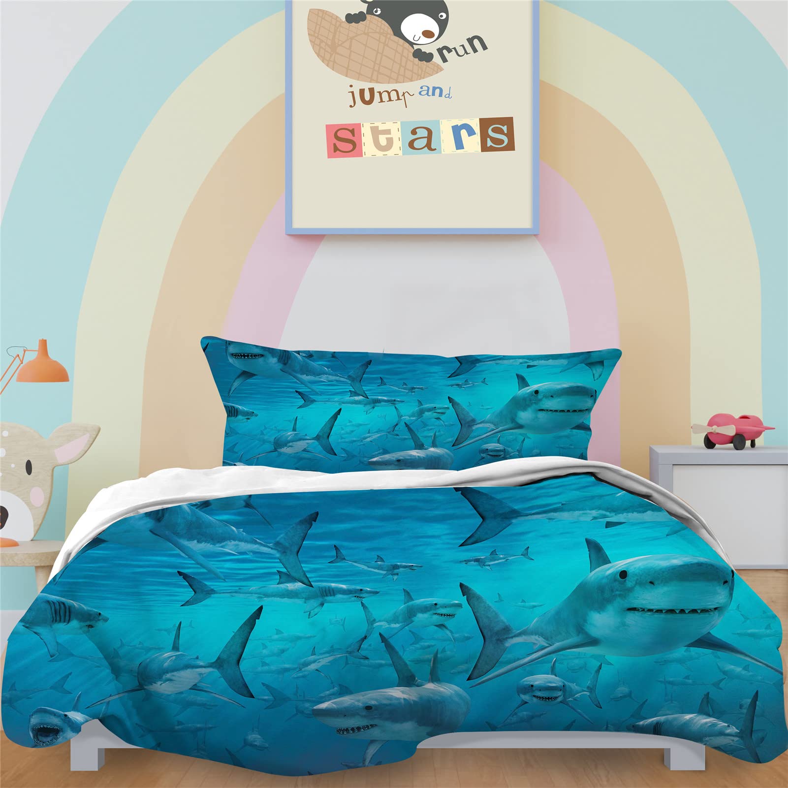 YUANZU Shark Duvet Cover Set Single for Kids Boys Teens Bedding Set 2 Pieces Ocean White Shark Underwater World Printed Soft Microfiber Quilt Cover with Zipper Closure (135x200cm & 1Pillowcase) โ image 1