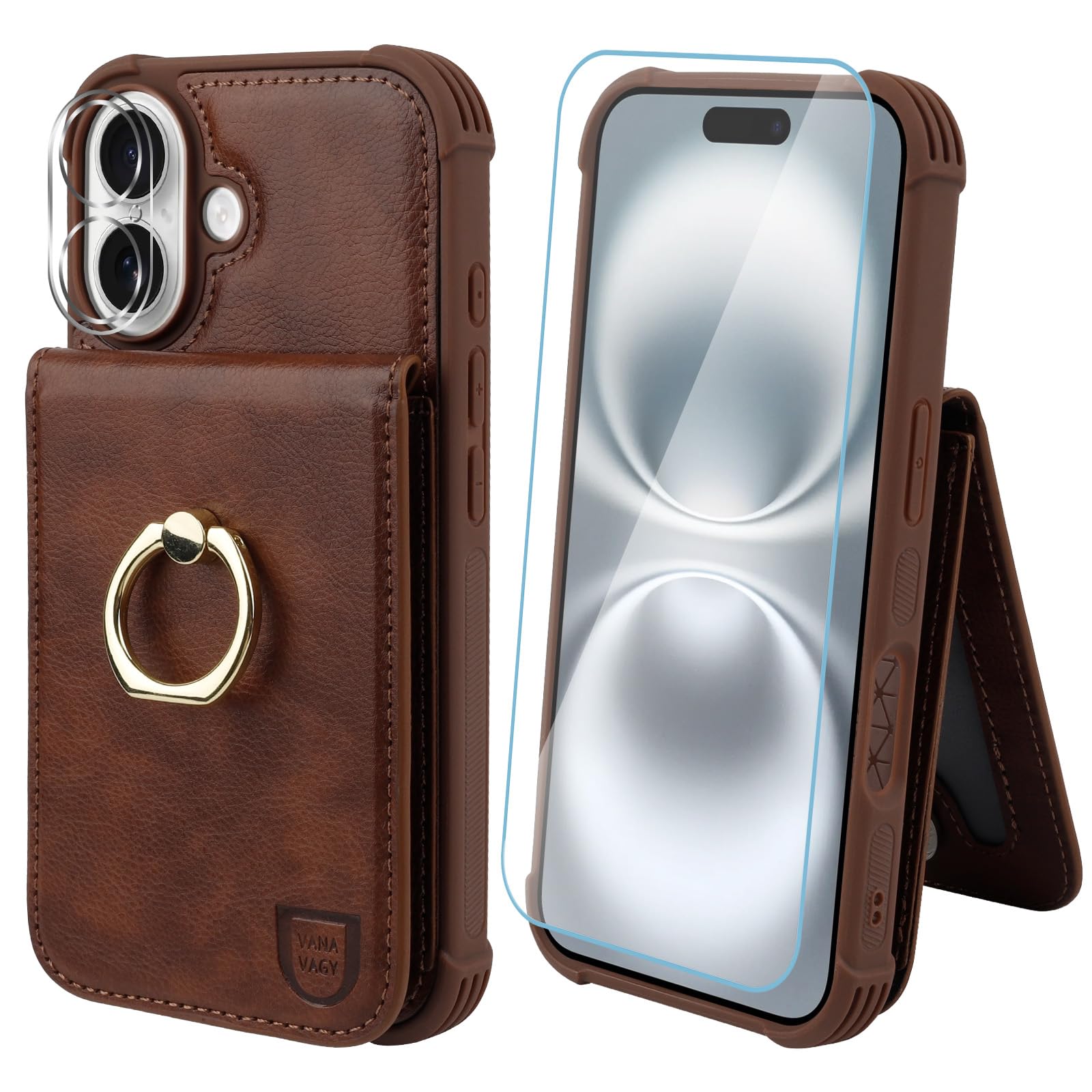 VANAVAGY for iPhone 16 Wallet Case with Credit Card Holder and Coin Pocket[360° Rotation Ring Kickstand ],Leather Magnetic Clasp Flip Folio Phone Cover for Women and Men 6.1 Inch,brown