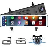 11.26 Inch Dashcam Front and Rear View Mirror Camera, Wireless CarPlay Android Auto Screen, Rearview Mirror Dash Cam with Bluetooth/Dual Cameras/AUX/Split Screen/Voice Control/1080P Backup Camera