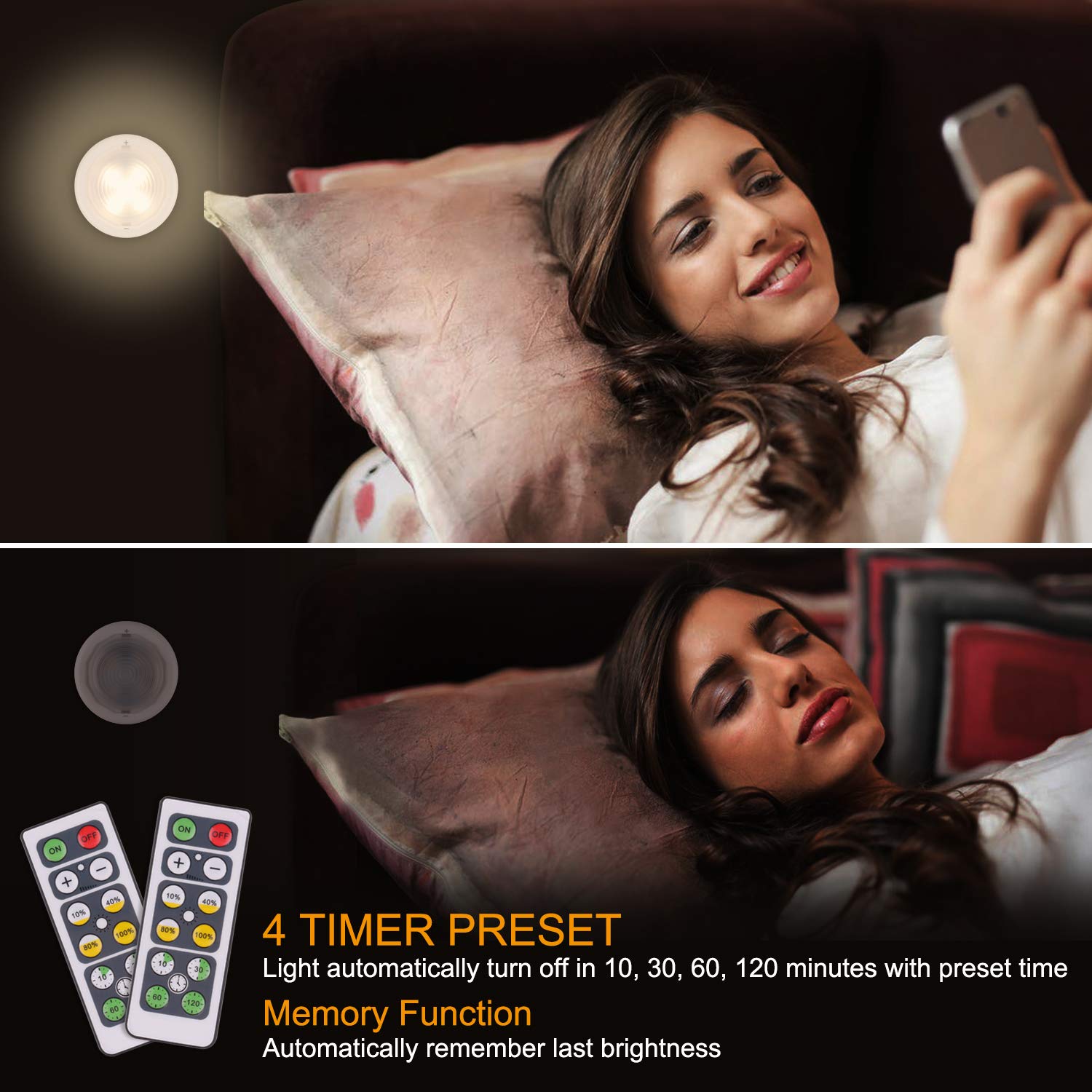 Schrankleuchten WOWGO Kabinett Beleuchtung Unterbauleuchten, drahtloses batteriebetriebenes LED Nachtlicht mit Fernbedienung für Küchen, Treppen, Kabinett und Garderobe