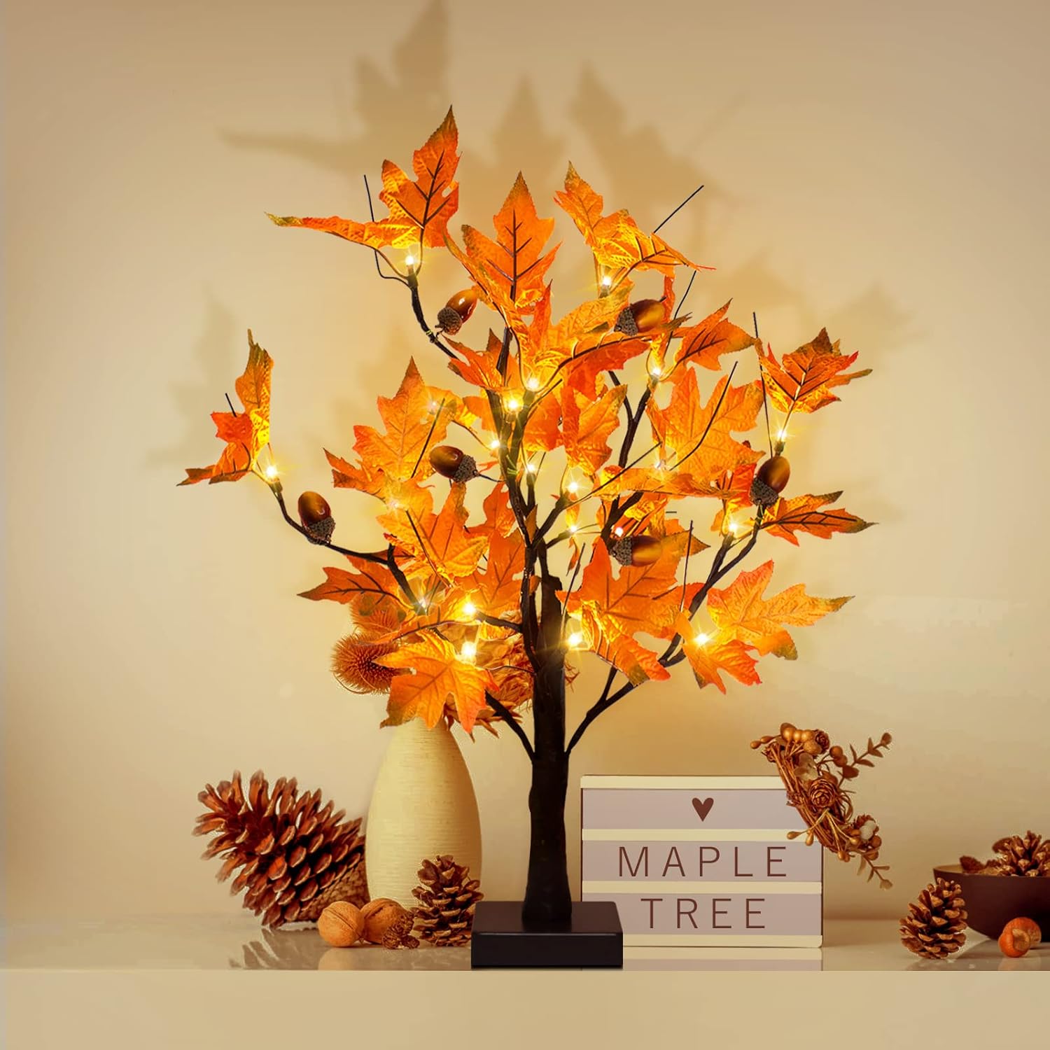 Trees - 24-inch Fall Lighted Maple Tree with Acorns, 24 LED Lights, Battery Operated Thanksgiving Table Centerpieces Decoration Artificial Tree for Home Desktop Fireplace Autumn Harvest Tabletop Indoor Decor