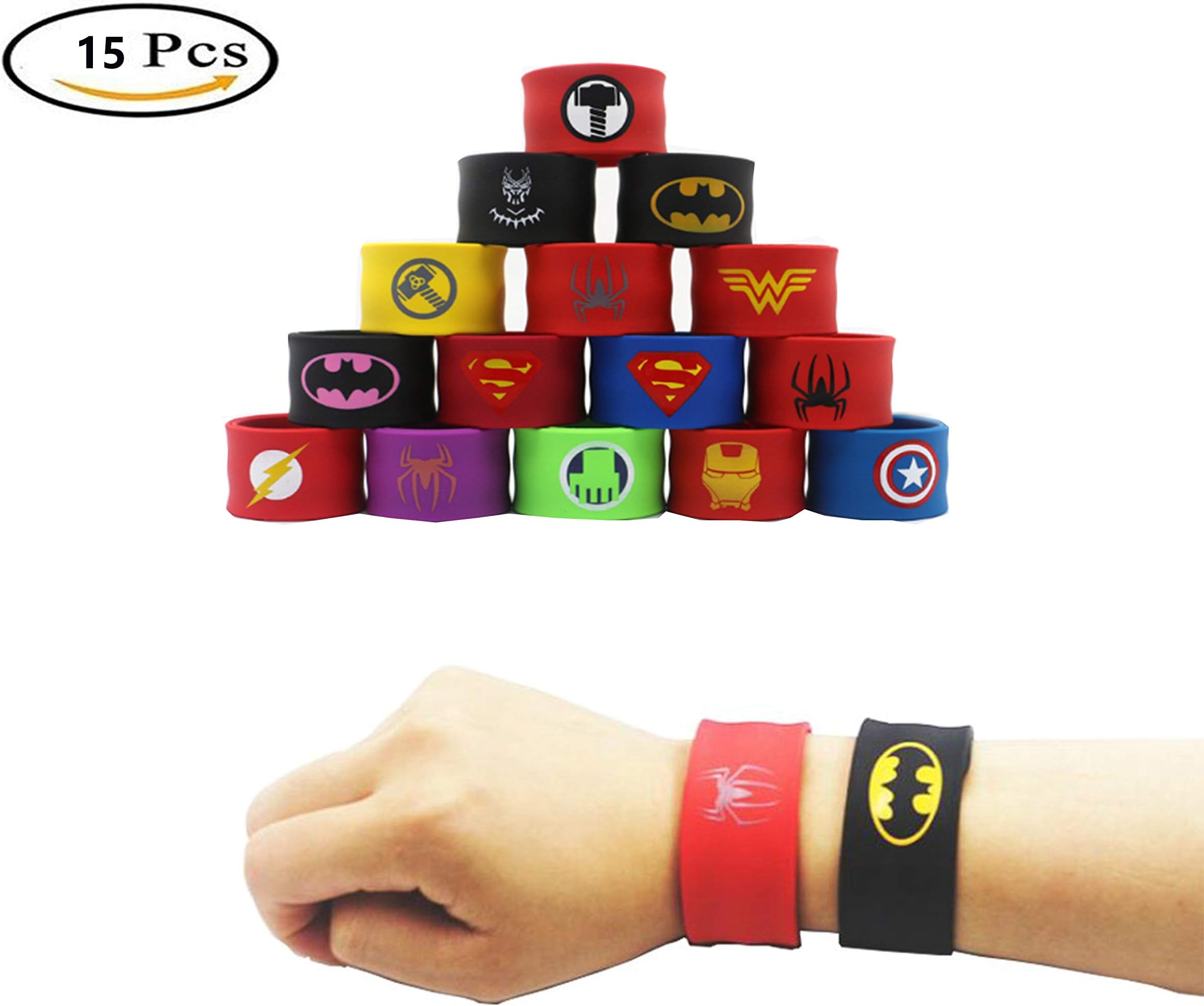 Southstar Bracelet Bands for Kids, 15pcs Superheroes Slap Bands Party Bag Fillers Slap Bracelets Set for Kids Boys and Girls Birthday Party Favors