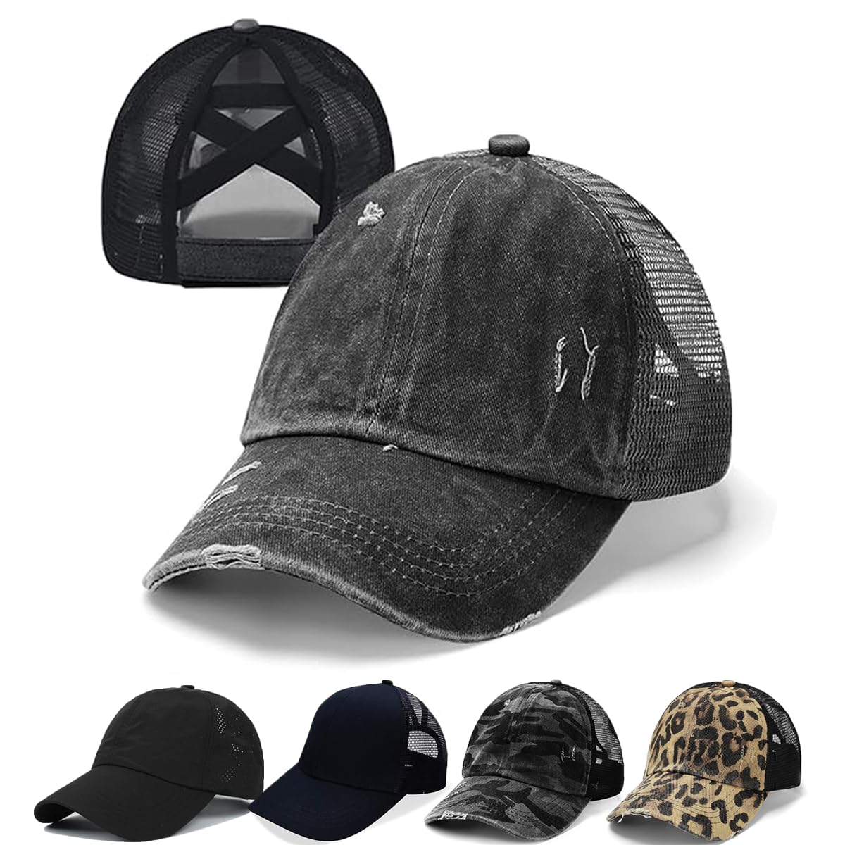 Photo 1 of Criss Cross Hat Washed Distressed Baseball Cap Ponytail Hat High Messy Bun Ponycap for Women