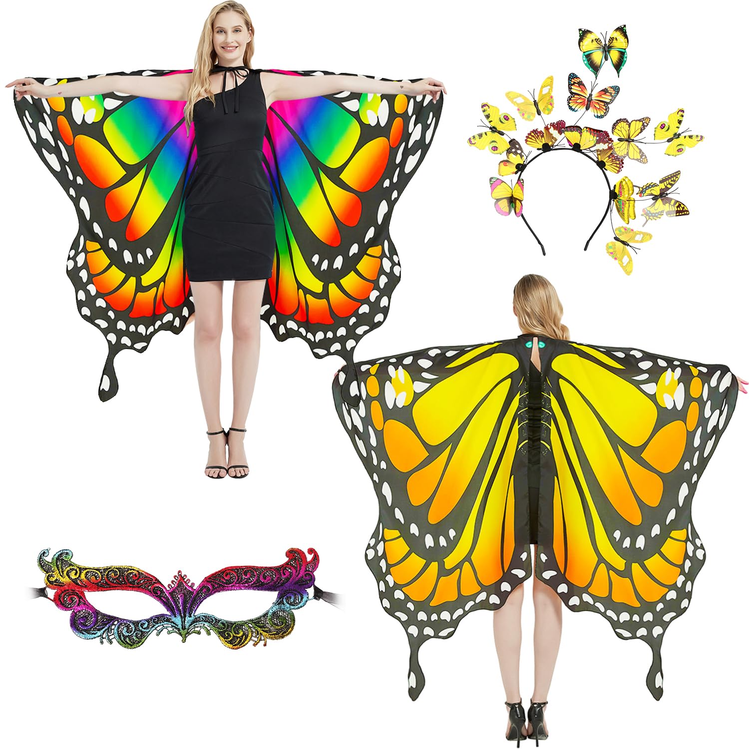 plainshe Butterfly Wings Double-Sided, Fairy Wings for Adults, Halloween Costumes for Women, 3PCS Butterfly Cape Set (Double-Sided 2)