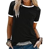 Remidoo Ringer Tee Women Short Sleeve Shirts Color Block Tops Casual Summer Vintage T Shirt