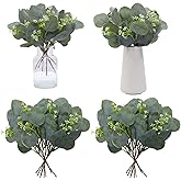 Grandeal 40 Pcs Faux Eucalyptus Leaves Stems Bulk Silver Dollar White Seed Artificial Greenery Stems Fake Sprays Branches for Wedding Table Centerpiece Bouquet Garland Floral Arrangement Home Decor