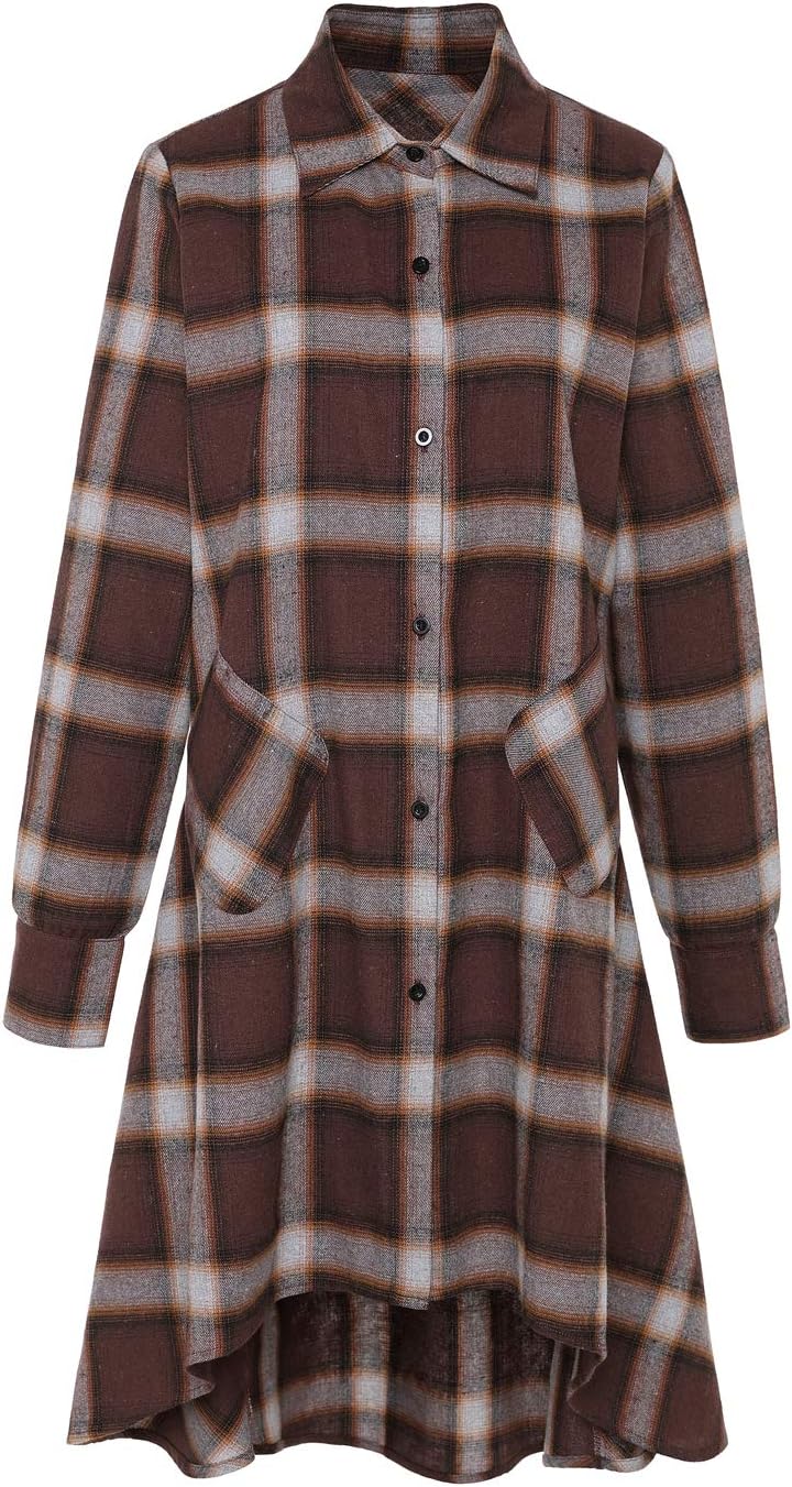 Womens New Plaids Irregular Hem Casual Shirt Dress