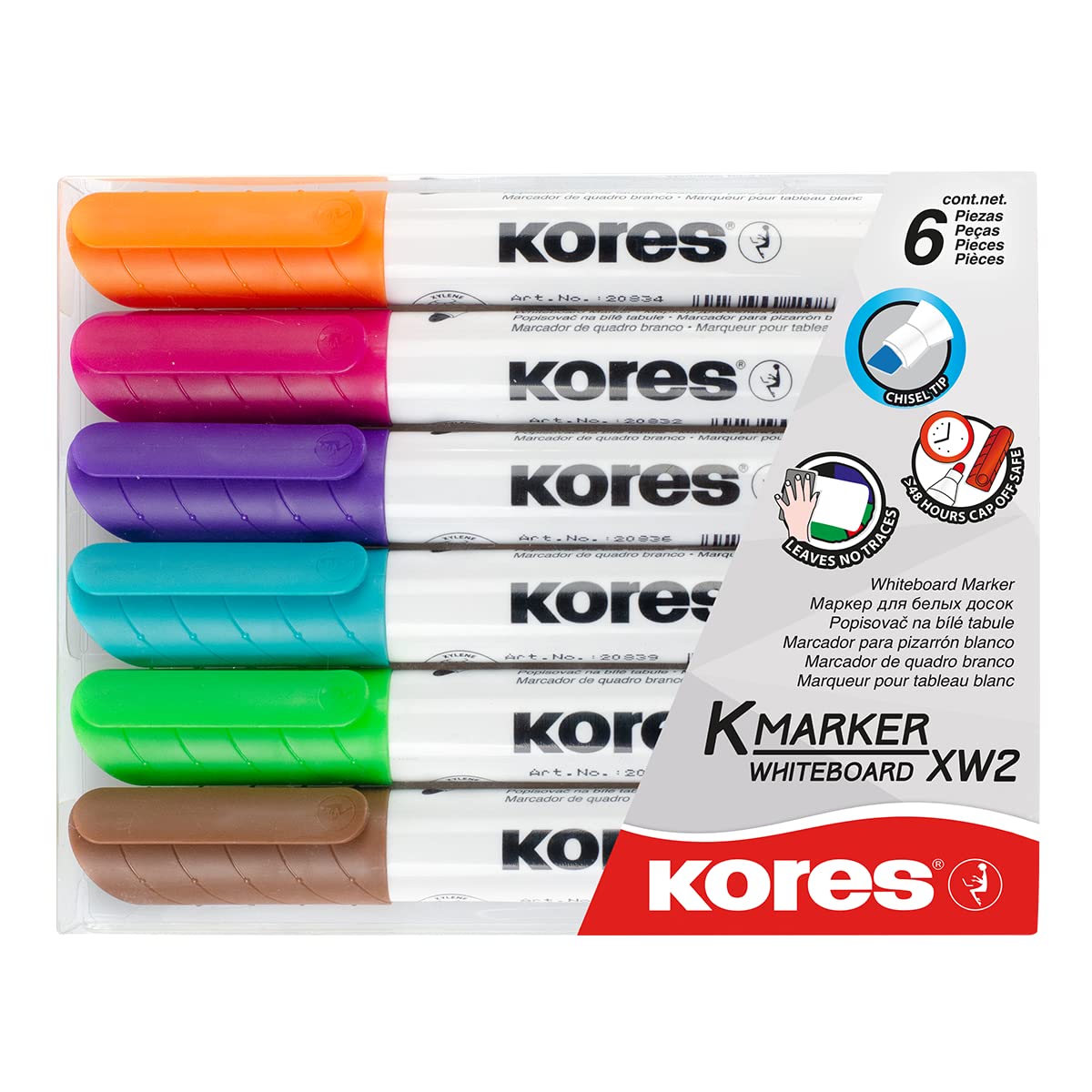 Kores - 6 Coloured Whiteboard Marker Pen - K-Marker XW2, Chisel Tip with Low-Odour Ink - Dry Wipe Marker Pens - Back to School Supplies, Office Supplies - Pack of 6