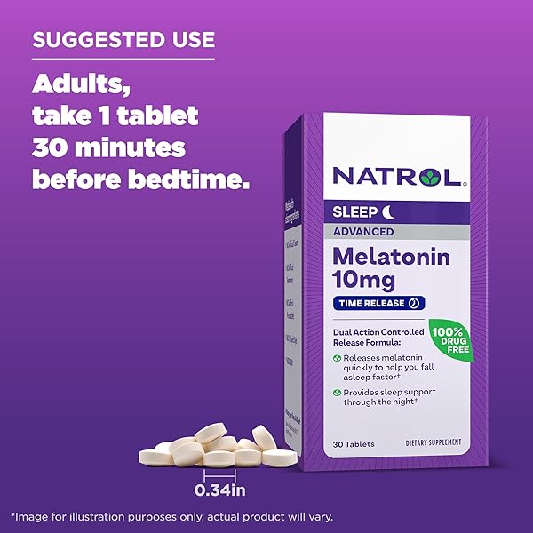 NATROL MELATONIN ADVANCED SLEEP TABLETS WITH VITAMIN B6, HELPS YOU FALL ASLEEP FASTER, STAY ASLEEP LONGER, 2-LAYER CONTROLLED RELEASE, 100% DRUG-FREE, MAXIMUM STRENGTH, 10MG, 30 COUNT