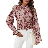Milumia Women's Floral Frill Mock Neck Ruffle Long Sleeve Blouses Dressy Work Shirt Tops