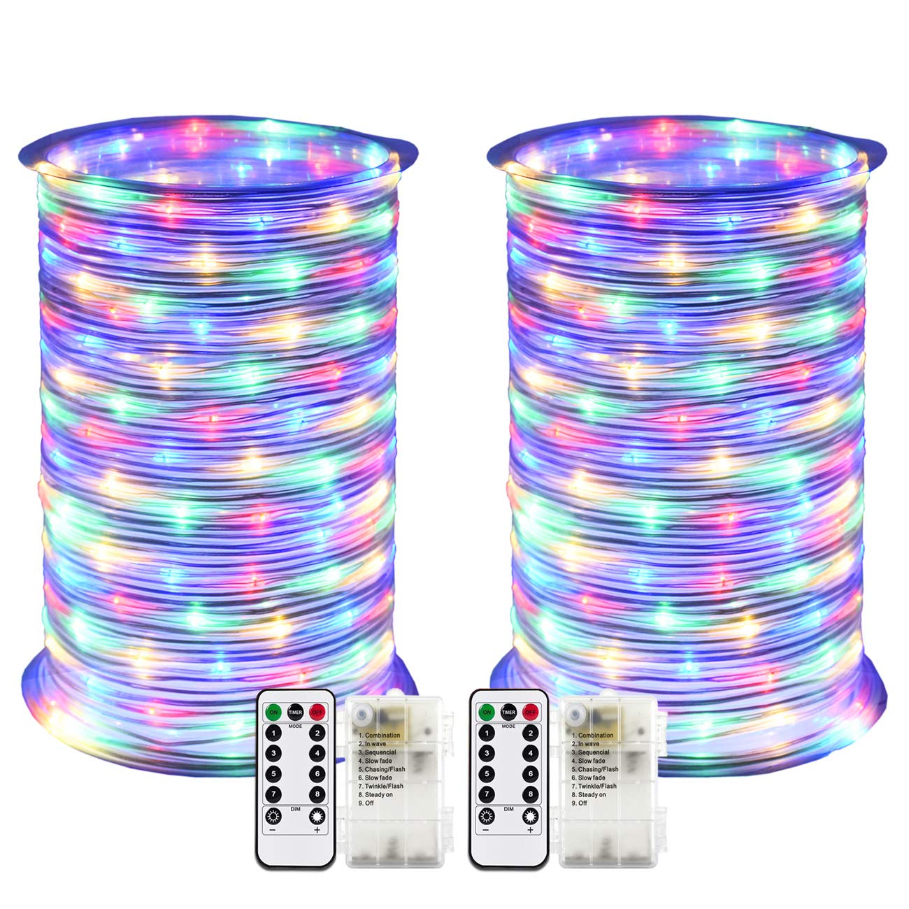 RcStarry 2 Pack LED Rope Light Battery Operated String Lights 33ft/10M 8 Mode Fairy Lights Waterproof Firefly Lights with Remote Timer for Christmas Garden Party Indoor/Outdoor Decor-Multicolor