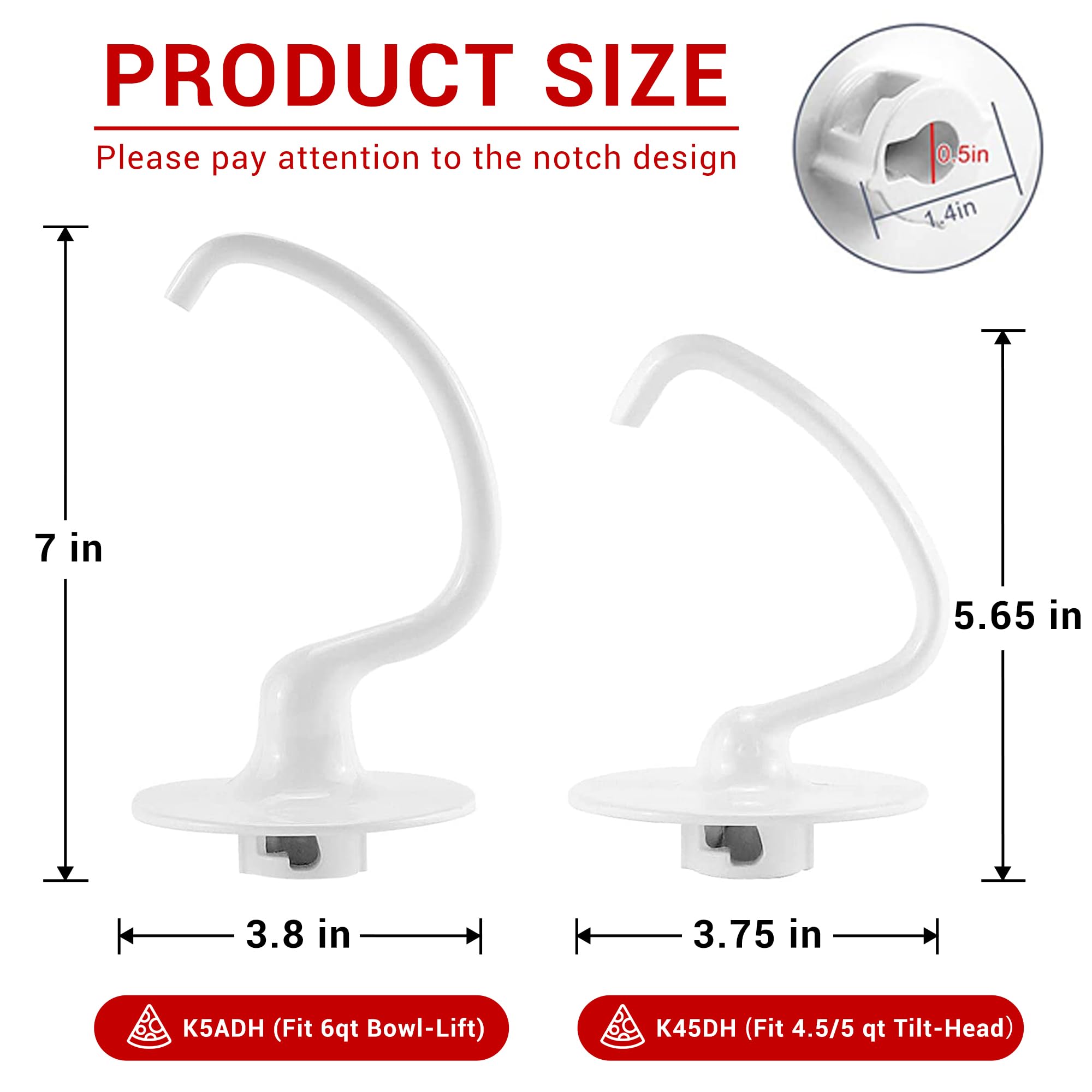 K5ADH Dough Hook for KitchenAid 6 Quart Bowl-Lift Stand Mixer, Dough Hook Replacement for KitchenAid Professional 600 Series Mixers, White