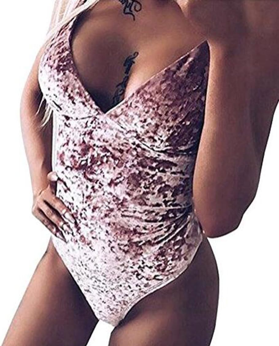 Women's Sexy Spaghetti Strap V Neck Sleeveless Velvet Bodycon Leotard Tops Romper Jumpsuit Bodysuit